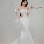 TVC785 Váy Cưới Đi Bàn, Đầm Cưới Đuôi Cá, Nơ Rời, Găng Tay