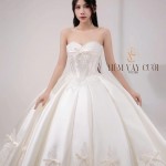 TVC788 Váy Cưới Làm Lễ, Đầm Cưới Cô Dâu, Cúp Ngực, Hoạ Tiết