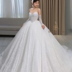 TVC797 Váy Cưới Làm Lễ, Đầm Cưới Đi Tiệc, Bệt Vai Ngang, Ren, Tùng Bồng