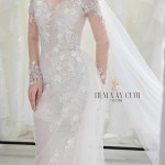 TVC798 Váy Cưới Đi Bàn, Đầm Cưới Đuôi Cá, Cúp Ngực, Hoa 3D