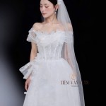 TVC800 Váy Cưới Đi Bàn, Đầm Cưới Đi Bàn, Bệt Vai Ngang, Xếp Ly, Dáng Xòe