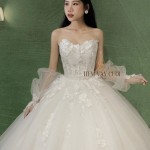 TVC816 Váy Cưới Làm Lễ, Đầm Cưới Cô Dâu, Cúp Ngực, Hoạ Tiết, Tay Bồng