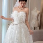TVC824 Váy Cưới Đi Bàn, Đầm Cưới Dáng Xuông, Cúp Ngực Lông Vũ, Hoa 3D