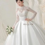 TVC826 Váy Cưới Dáng Xoè Bồng Bềnh, Ren Lưới Trắng, Tặng Tùng Voan Mút Ngực, Đầm Cưới Dài Tay Vai Bồng