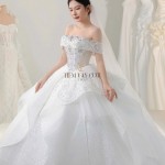 TVC827 Váy Cưới Làm Lễ, Đầm Cưới Đi Tiệc, Voan, Bệt Vai Ngang, Tùng Bồng