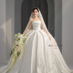 TVC849 Váy Cưới Làm Lễ, Váy Cưới Cô Dâu, Đầm Cưới Đi Tiệc, Cúp Ngực, Vải Phi, Xếp Ly