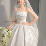 TVC849 Váy Cưới Làm Lễ, Váy Cưới Cô Dâu, Đầm Cưới Đi Tiệc, Cúp Ngực, Vải Phi, Xếp Ly