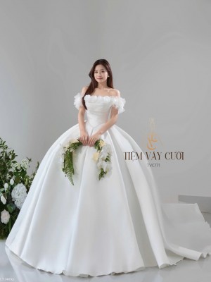 TVC771 Váy Cưới Làm Lễ, Đầm Cưới Dáng Xoè Bồng Bềnh, Dài Tay, Cúp Ngực, Đính Đá