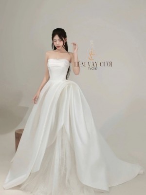 TVC787 Váy Cưới Đi Bàn, Đầm Cưới Đi Bàn, Cúp Ngực, Phối Ren, Dáng Xuông