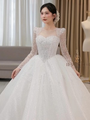 TVC795 Váy Cưới Làm Lễ, Đầm Cưới Đi Tiệc, Dài Tay, Kim Sa, Cúp Ngực, Tùng Bồng