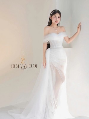 TVC796 Váy Cưới Đi Bàn, Đầm Cưới Đuôi Cá, Voan, Tà Lệch