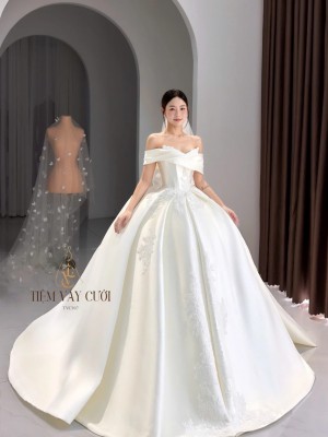 TVC807 Váy Cưới Làm Lễ, Đầm Cưới Cô Dâu, Cúp Ngực, Hoạ Tiết