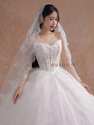 TVC811 Váy Cưới Làm Lễ, Đầm Cưới Đi Tiệc, Bệt Vai Ngang, Xếp Ly, Tùng Bồng