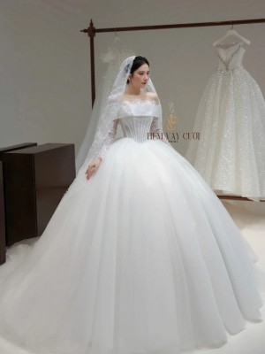 TVC812 Váy Cưới Làm Lễ, Đầm Cưới Đi Tiệc, Bệt Vai Ngang, Ren, Tùng Bồng
