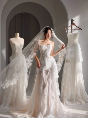 TVC813 Váy Cưới Đi Bàn, Đầm Cưới Đuôi Cá, Ren , Tà Lệch