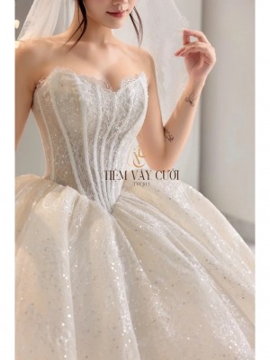 TVC815 Váy Cưới Làm Lễ, Váy Cưới Tiệc Cúp Ngực, Vải Phi Nhật, Ren, Váy Thiết Kế