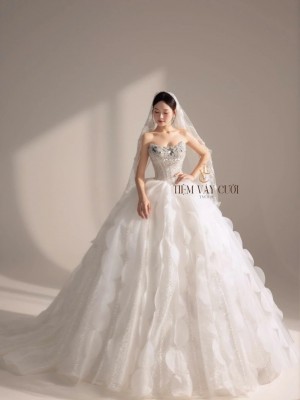 TVC819 Váy Cưới Làm Lễ, Váy Cưới Tiệc Cúp Ngực, Vải Phi Nhật, Ren, Váy Thiết Kế