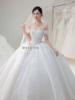 TVC825 Váy Cưới Làm Lễ, Đầm Cưới Tiệc, Trễ Vai, Đính Đá