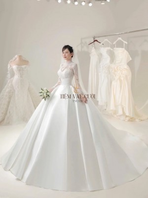 TVC826 Váy Cưới Dáng Xoè Bồng Bềnh, Ren Lưới Trắng, Tặng Tùng Voan Mút Ngực, Đầm Cưới Dài Tay Vai Bồng