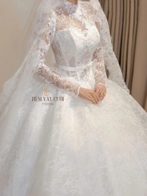 TVC834 Váy Cưới Làm Lễ, Đầm Cưới Đi Tiệc, Dài Tay, Kim Tuyến