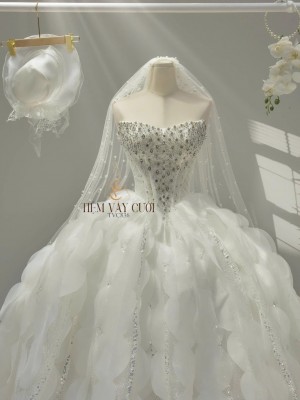 TVC836 Váy Cưới Làm Lễ, Đầm Cưới Đi Tiệc, Nơ 3D, Cúp Ngực