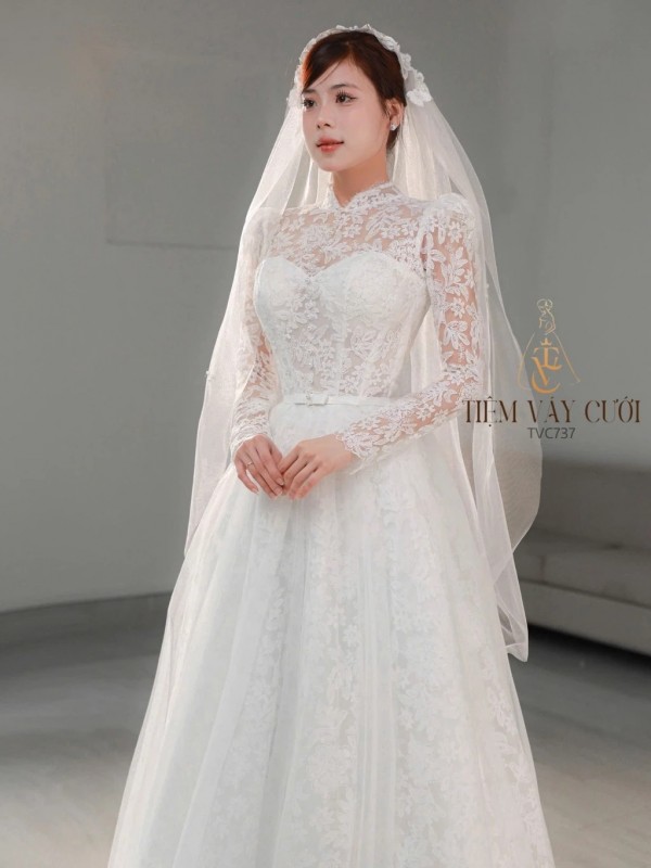 TVC737 Váy Cưới Làm Lễ, Đầm Cưới Đi Tiệc, Xếp Ly, 2in1