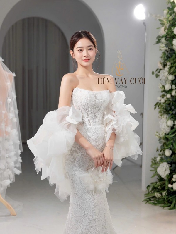 TVC740 Váy Cưới Đi Bàn, Đầm Cưới Đuôi Cá, Cúp Ngực, Tay Rời
