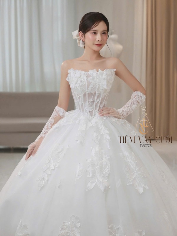 TVC778 Váy Cưới Làm Lễ, Đầm Cưới Cao Cấp, Hoa 3D, Cúp Ngực