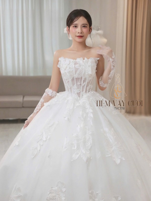 TVC778 Váy Cưới Làm Lễ, Đầm Cưới Cao Cấp, Hoa 3D, Cúp Ngực