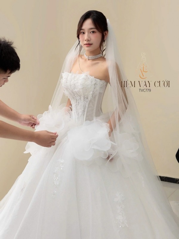TVC779 Váy Cưới Đi Tiệc, Đầm Cưới Dáng Xuông, Cúp ngực, Xếp Tầng