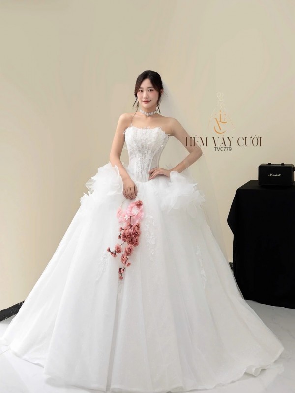 TVC779 Váy Cưới Đi Tiệc, Đầm Cưới Dáng Xuông, Cúp ngực, Xếp Tầng