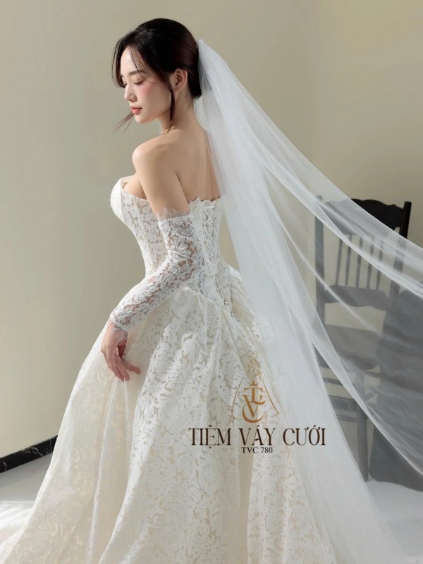TVC780 Váy Cưới Đi Bàn, Đầm Cưới Đuôi Cá, Cúp Ngực, Xếp Ly