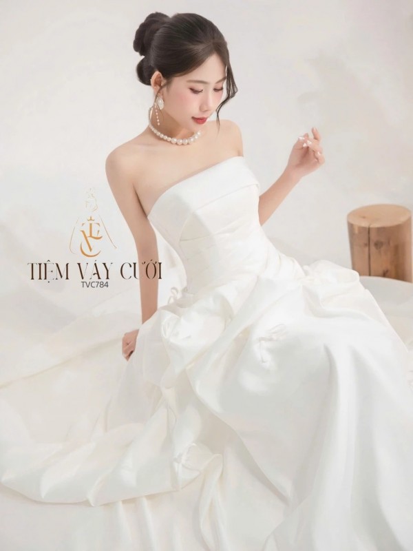 TVC784 Váy Cưới Đi Bàn, Đầm Cưới Đuôi Cá, Cúp Ngực, Trơn
