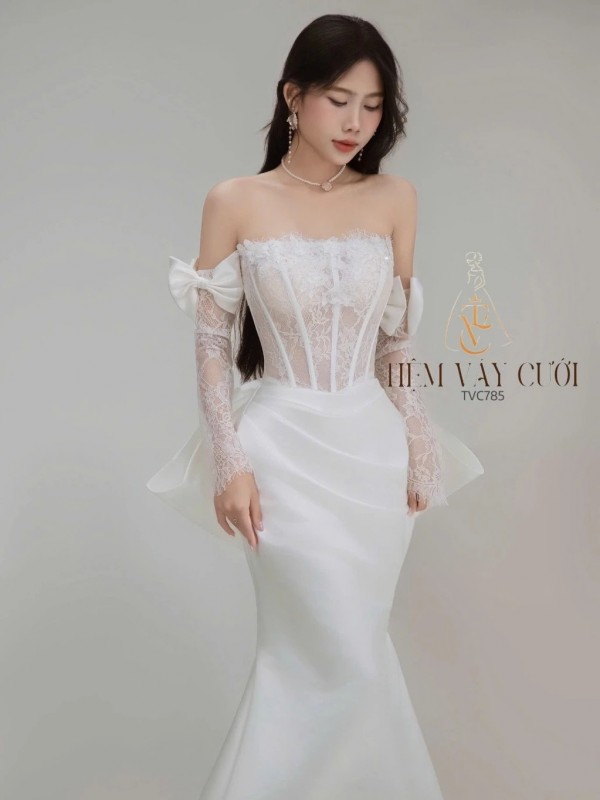 TVC785 Váy Cưới Đi Bàn, Đầm Cưới Đuôi Cá, Nơ Rời, Găng Tay