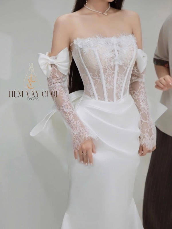 TVC785 Váy Cưới Đi Bàn, Đầm Cưới Đuôi Cá, Nơ Rời, Găng Tay