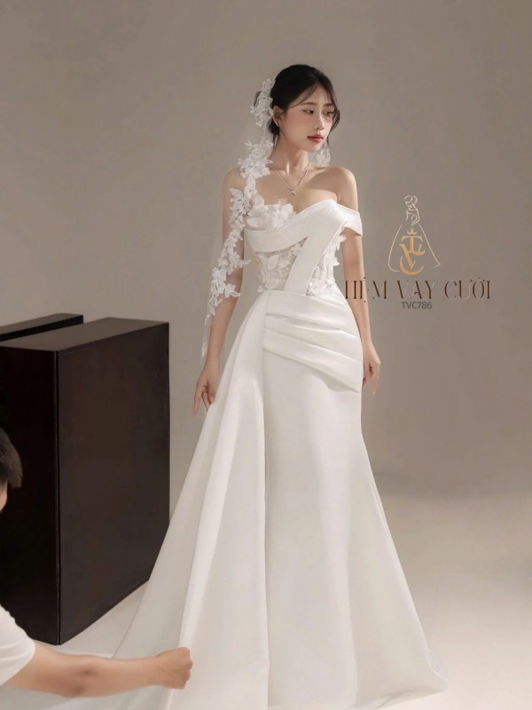 TVC786 Váy Cưới Đi Bàn, Đầm Cưới Đuôi Cá, Tà Lệch, Gọng Corset