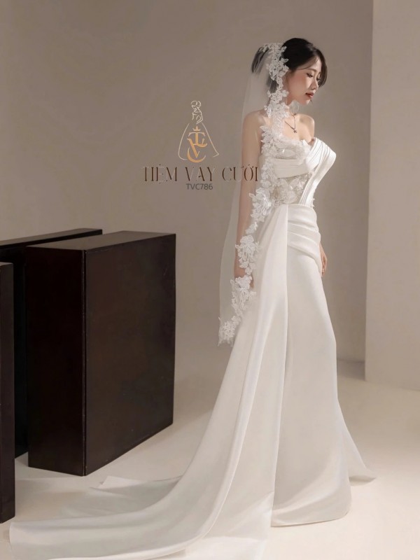 TVC786 Váy Cưới Đi Bàn, Đầm Cưới Đuôi Cá, Tà Lệch, Gọng Corset