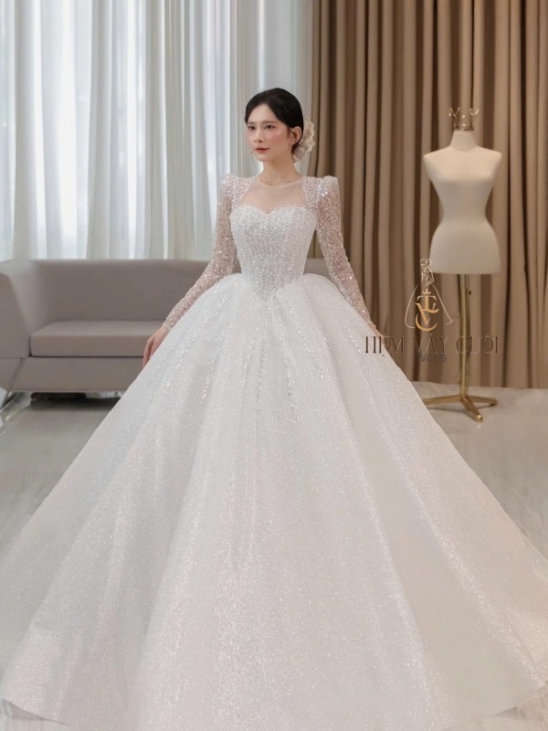 TVC795 Váy Cưới Làm Lễ, Đầm Cưới Đi Tiệc, Dài Tay, Kim Sa, Cúp Ngực, Tùng Bồng