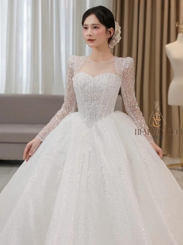 TVC795 Váy Cưới Làm Lễ, Đầm Cưới Đi Tiệc, Dài Tay, Kim Sa, Cúp Ngực, Tùng Bồng