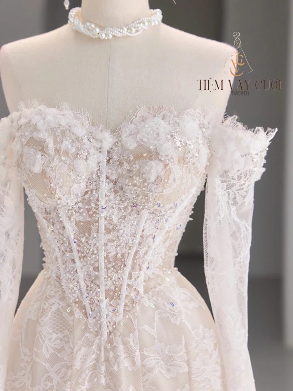 TVC801 Váy Cưới Đi Bàn, Đầm Cưới Đuôi Cá, Cúp Ngực, Dáng Ôm