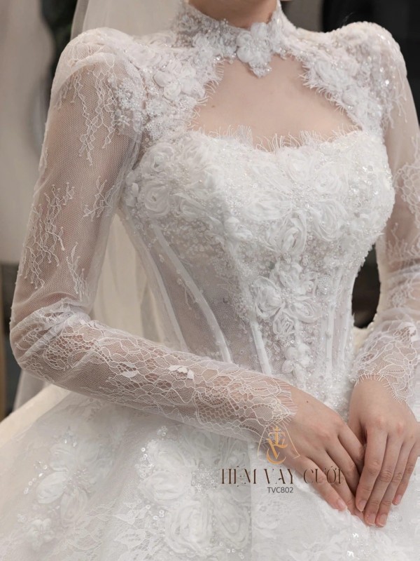 TVC802 Váy Cưới Làm Lễ, Đầm Cưới Đi Tiệc, Dài Tay, Cổ Cao
