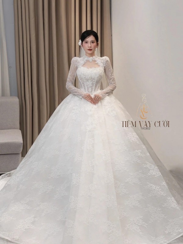 TVC802 Váy Cưới Làm Lễ, Đầm Cưới Đi Tiệc, Dài Tay, Cổ Cao