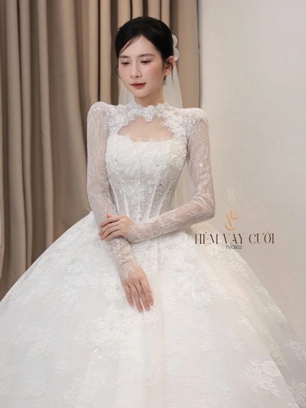 TVC802 Váy Cưới Làm Lễ, Đầm Cưới Đi Tiệc, Dài Tay, Cổ Cao