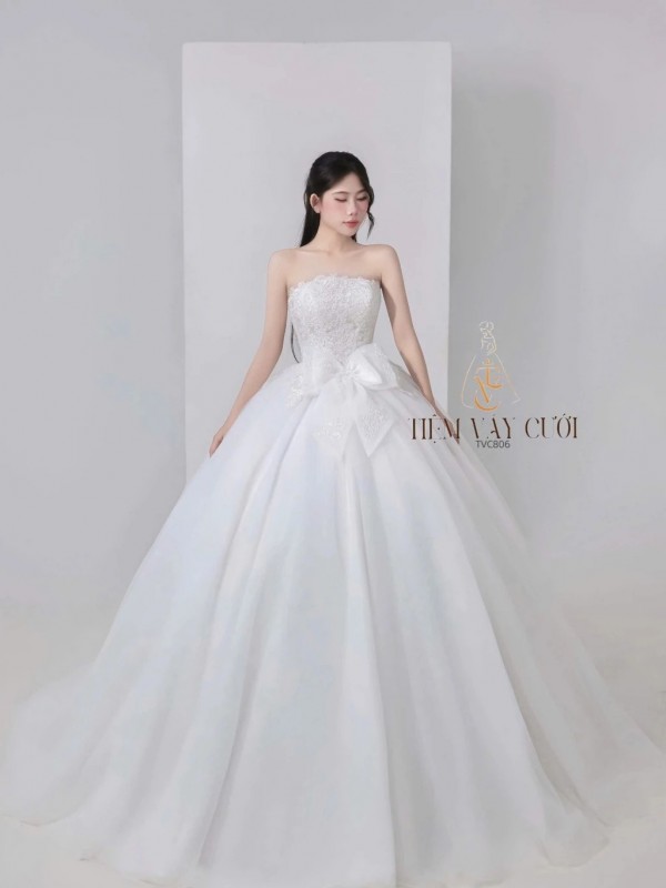 TVC806 Váy Cưới Làm Lễ, Đầm Cưới Đi Tiệc, Dài Tay, Kim Sa, Cúp Ngực, Tùng Bồng