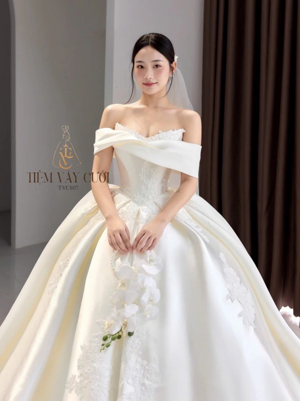TVC807 Váy Cưới Làm Lễ, Đầm Cưới Cô Dâu, Cúp Ngực, Hoạ Tiết