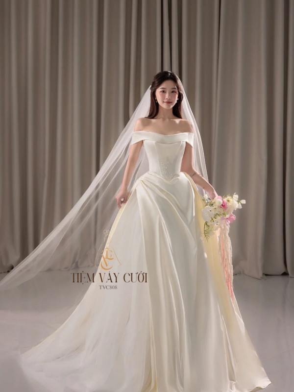 TVC808 Váy Cưới Đi Bàn, Đầm Cưới Dáng Ôm, Bệt Vai Ngang, Phi