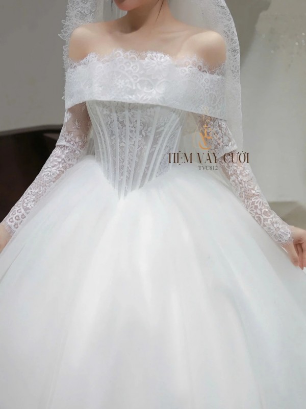 TVC812 Váy Cưới Làm Lễ, Đầm Cưới Đi Tiệc, Bệt Vai Ngang, Ren, Tùng Bồng