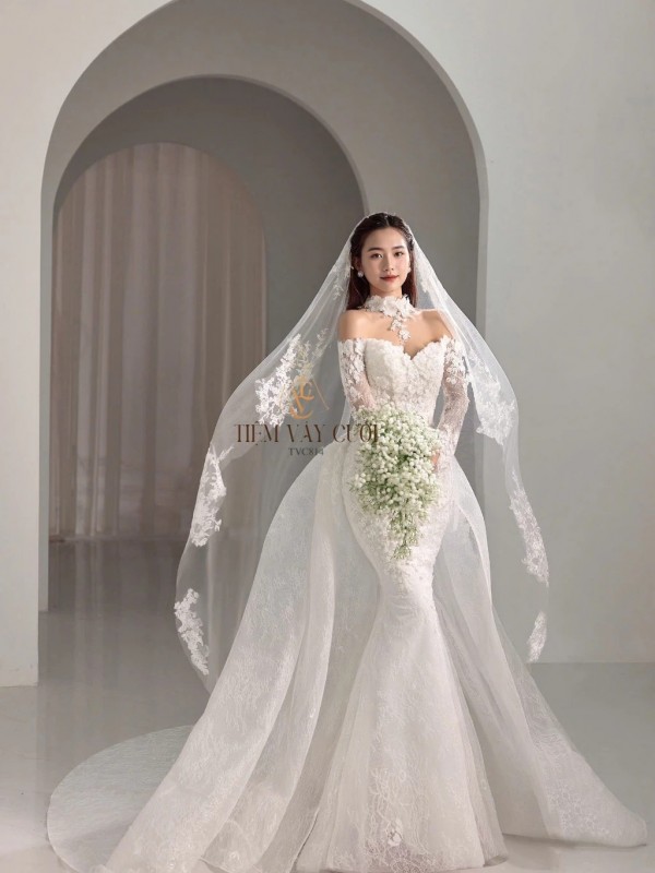 TVC814 Váy Cưới Đi Bàn, Đầm Cưới Đuôi Cá, Tà rời, Ren