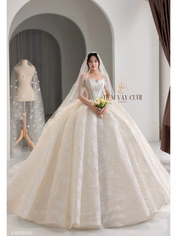 TVC815 Váy Cưới Làm Lễ, Váy Cưới Tiệc Cúp Ngực, Vải Phi Nhật, Ren, Váy Thiết Kế