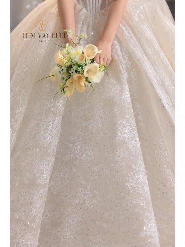 TVC815 Váy Cưới Làm Lễ, Váy Cưới Tiệc Cúp Ngực, Vải Phi Nhật, Ren, Váy Thiết Kế